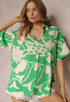 Zielona Kwiecista Bluzka z Krótkimi Rękawami Andresa