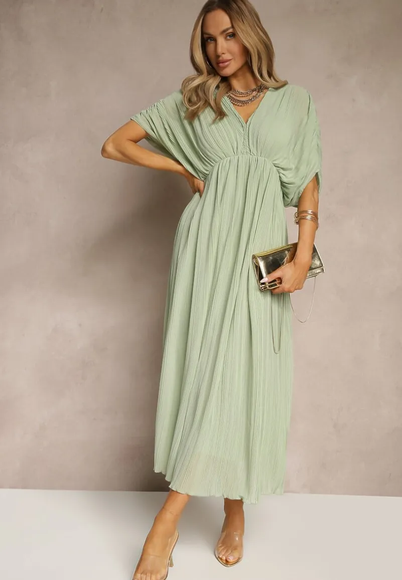 Zielona Luźna Sukienka Wiązana na Szyi Taliowana z Rozkloszowanym Dołem Napovira