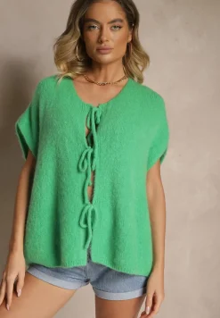 Zielona Narzutka Kamizelka Wiązana z Przodu z Domieszką Moheru Vikelira