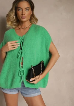 Zielona Narzutka Kamizelka Wiązana z Przodu z Domieszką Moheru Vikelira