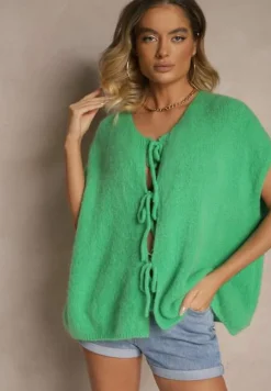 Zielona Narzutka Kamizelka Wiązana z Przodu z Domieszką Moheru Vikelira