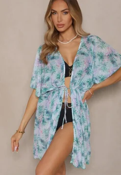 Zielona Narzutka Plażowa z Wiązaniem w Kwiatowy Wzór Mevelaura