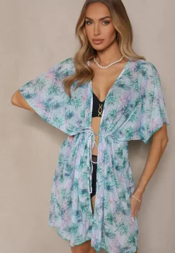 Zielona Narzutka Plażowa z Wiązaniem w Kwiatowy Wzór Mevelaura