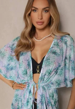 Zielona Narzutka Plażowa z Wiązaniem w Kwiatowy Wzór Mevelaura