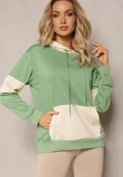 Zielona Oversizowa Bluza Typu Kangurka z Szeroką Kieszenią i Kapturem Iretha