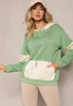 Zielona Oversizowa Bluza Typu Kangurka z Szeroką Kieszenią i Kapturem Iretha