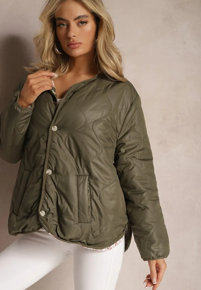 Zielona Pikowana Dwustronna Kurtka z Kieszeniami Dansi