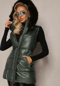 Zielona Pikowana Kamizelka z Kapturem i Ozdobnym Futerkiem Alephne