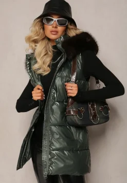 Zielona Pikowana Kamizelka z Kapturem i Ozdobnym Futerkiem Alephne