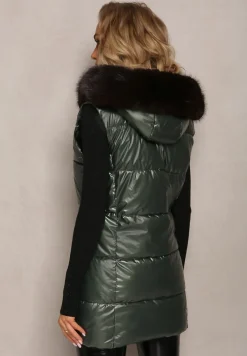 Zielona Pikowana Kamizelka z Kapturem i Ozdobnym Futerkiem Alephne