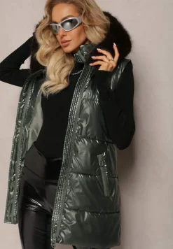 Zielona Pikowana Kamizelka z Kapturem i Ozdobnym Futerkiem Alephne