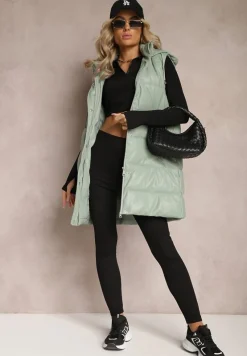 Zielona Pikowana Kamizelka z Ekoskóry i Kapturem Palermia