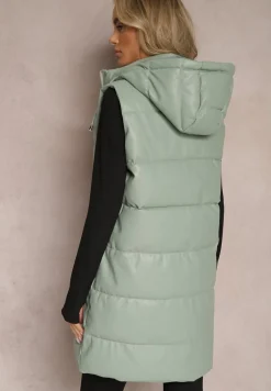 Zielona Pikowana Kamizelka z Ekoskóry i Kapturem Palermia