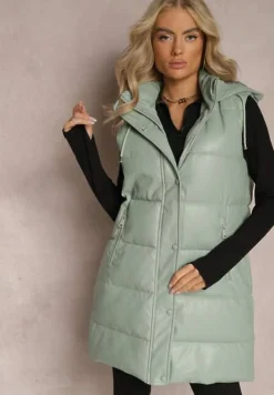 Zielona Pikowana Kamizelka z Ekoskóry i Kapturem Palermia