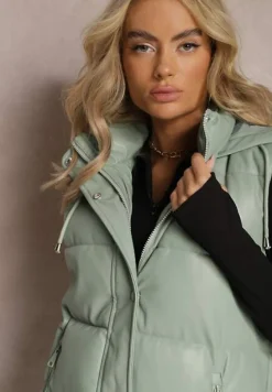 Zielona Pikowana Kamizelka z Ekoskóry i Kapturem Palermia