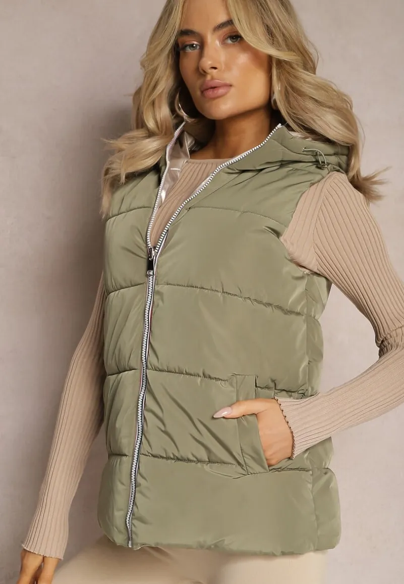 Zielona Pikowana Kamizelka Bezrękawnik z Pikowanej i Dwustronnej Tkaniny Erinea