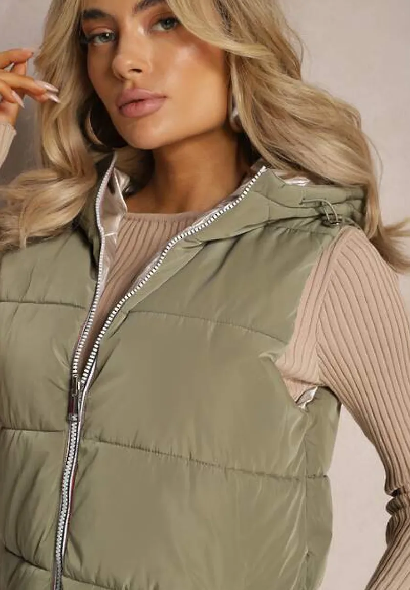 Zielona Pikowana Kamizelka Bezrękawnik z Pikowanej i Dwustronnej Tkaniny Erinea