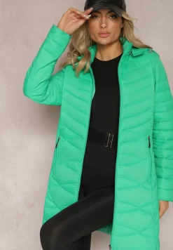 Zielona Pikowana Kurtka Płaszcz przed Kolano z Kapturem Julioa
