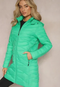 Zielona Pikowana Kurtka Płaszcz przed Kolano z Kapturem Julioa