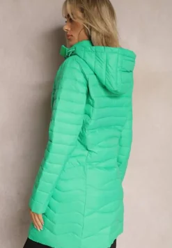 Zielona Pikowana Kurtka Płaszcz przed Kolano z Kapturem Julioa