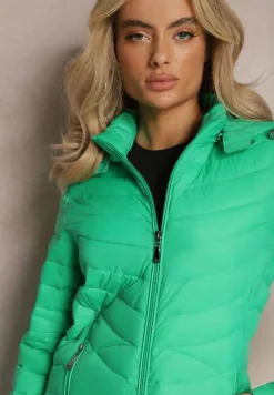 Zielona Pikowana Kurtka Płaszcz przed Kolano z Kapturem Julioa