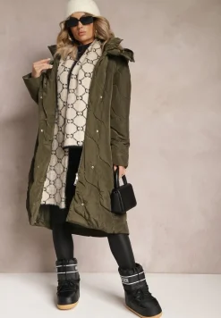 Zielona Pikowana Kurtka Płaszcz za Kolano z Kapturem Kelotta