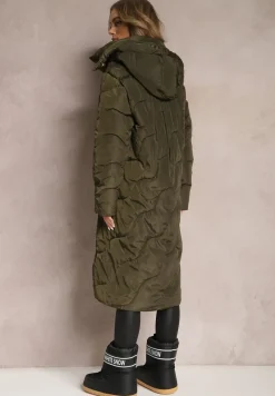 Zielona Pikowana Kurtka Płaszcz za Kolano z Kapturem Kelotta