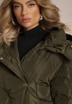 Zielona Pikowana Kurtka Płaszcz za Kolano z Kapturem Kelotta