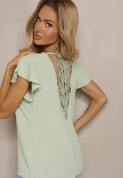 Zielona Przezroczysta Bluzka z Koronkowymi Wstawkami Lenley