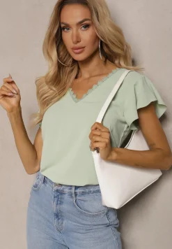 Zielona Przezroczysta Bluzka z Koronkowymi Wstawkami Lenley