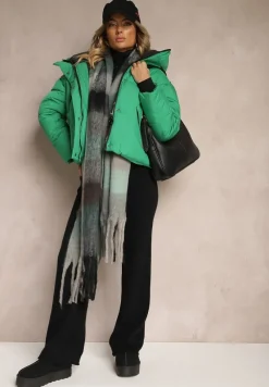 Zielona Pudełkowa Kurtka z Pikowanymi Przeszyciami i Kapturem Zdobiona Ściągaczami Hedilea