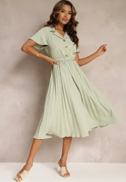 Zielona Retro Sukienka Midi z Plisowaniem i Paskiem na Klamrę Elinerise