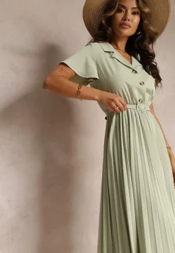 Zielona Retro Sukienka Midi z Plisowaniem i Paskiem na Klamrę Elinerise