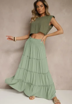 Zielona Rozkloszowana Spódnica z Gumką w Talii Zdobiona Falbanami Dovinelle