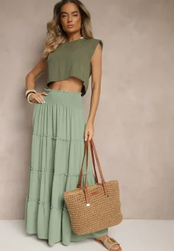 Zielona Rozkloszowana Spódnica z Gumką w Talii Zdobiona Falbanami Dovinelle