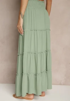 Zielona Rozkloszowana Spódnica z Gumką w Talii Zdobiona Falbanami Dovinelle