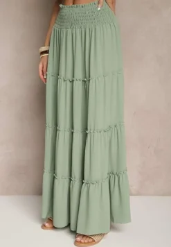 Zielona Rozkloszowana Spódnica z Gumką w Talii Zdobiona Falbanami Dovinelle