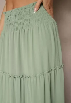 Zielona Rozkloszowana Spódnica z Gumką w Talii Zdobiona Falbanami Dovinelle