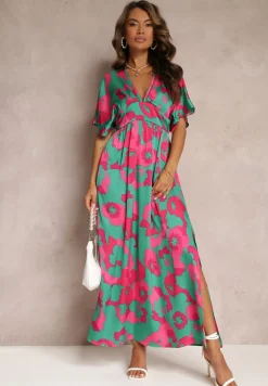Zielona Rozkloszowana Sukienka Maxi z Wycięciami Aleri