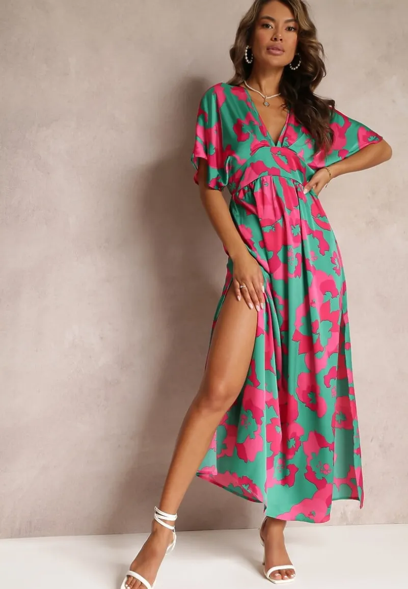 Zielona Rozkloszowana Sukienka Maxi z Wycięciami Aleri