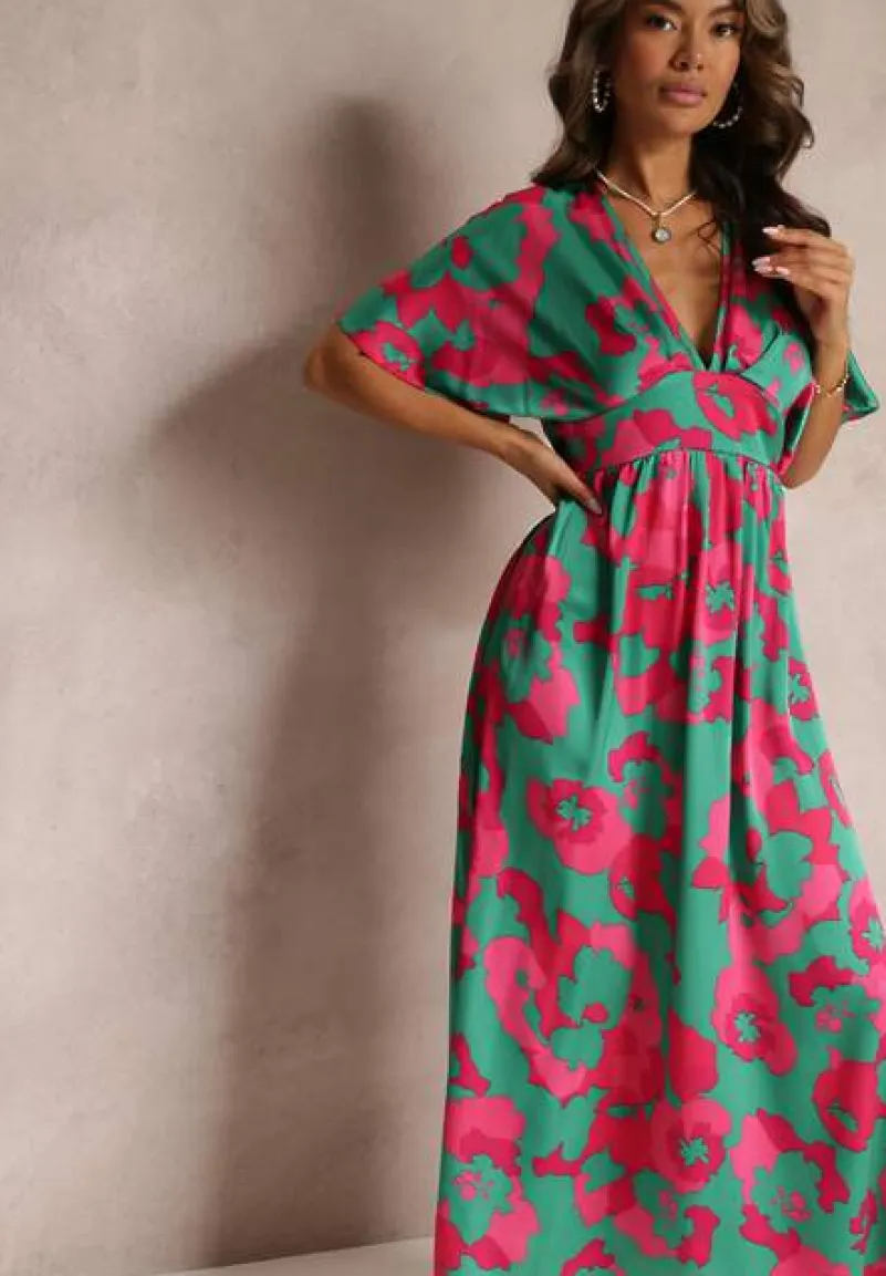 Zielona Rozkloszowana Sukienka Maxi z Wycięciami Aleri