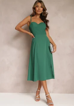 Zielona Rozkloszowana Sukienka Midi z Rozcięciem na Ramiączkach Josine