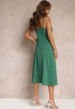 Zielona Rozkloszowana Sukienka Midi z Rozcięciem na Ramiączkach Josine