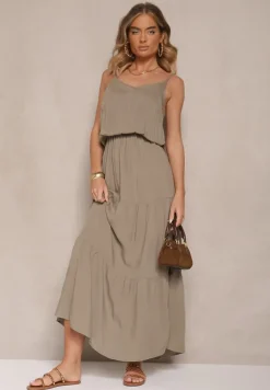 Zielona Rozkloszowana Sukienka z Wiskozy na Ramiączkach Flesira