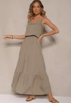 Zielona Rozkloszowana Sukienka z Wiskozy na Ramiączkach Flesira