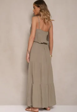 Zielona Rozkloszowana Sukienka z Wiskozy na Ramiączkach Flesira