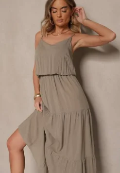 Zielona Rozkloszowana Sukienka z Wiskozy na Ramiączkach Flesira