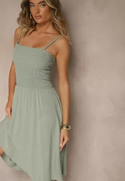 Zielona Rozkloszowana Sukienka z Wiskozy na Ramiączkach Filorissa