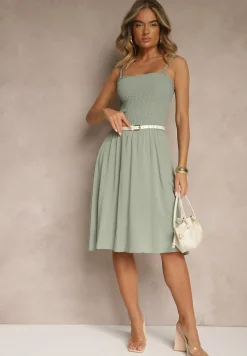 Zielona Rozkloszowana Sukienka z Wiskozy na Ramiączkach Filorissa