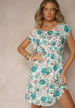 Zielona Rozkloszowana Sukienka z Bawełną w Kwiaty Talisenia
